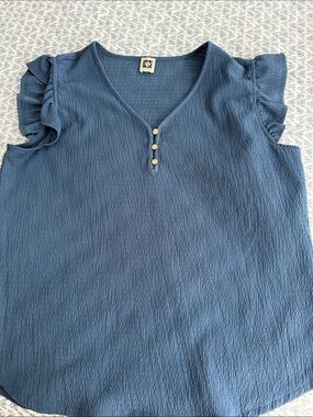 Anne Klein Dusty Blue Ruffle Sleeve V-Neck Blouse
